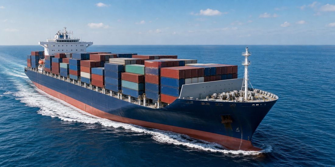 Container ship carrying international ocean freight