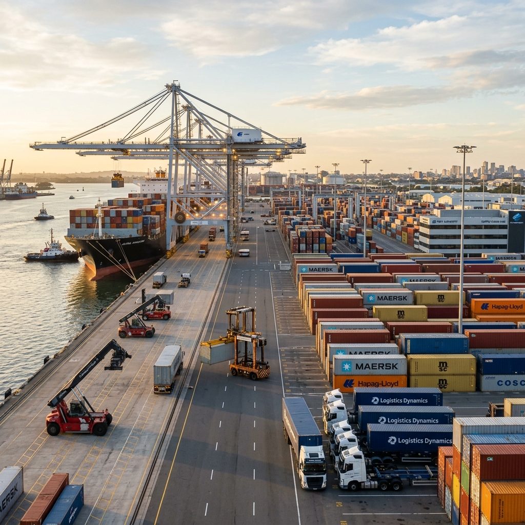Modern shipping port representing political and logistics stability